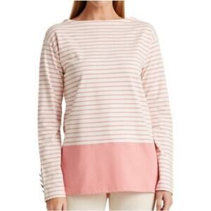 Lauren Ralph Lauren Pink Cream Striped Boat Neck Long Sleeve Tee Sz L Nautical